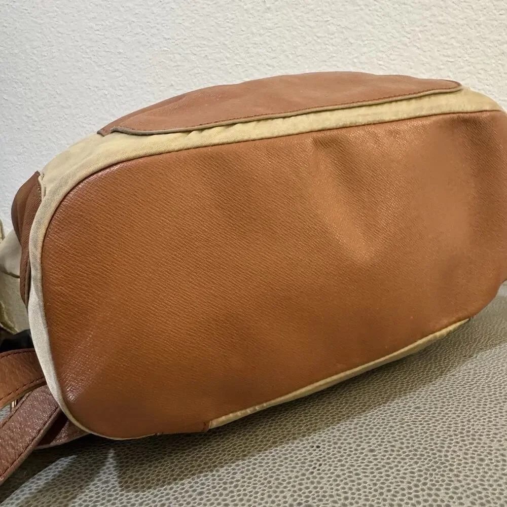 Tory Burch Penn Backpack Tan Nylon Brown PU Leather Pockets Handbag Purse